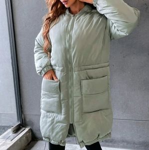 Warm Puffer Jacket Women Coat Mint Green Long Knee Length Pockets Zip-Up Size S.